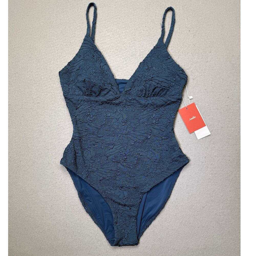 Andie Women's Lanikai Textured Floral V-Neck One-Piece Swimsuit Stargazer M $134